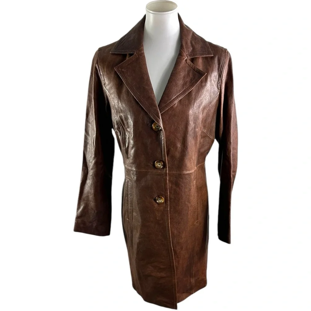 Michael Kors Brown Distressed Leather Long Western Style Button Jacket Size M